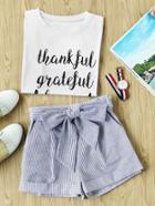 Shein Self Belted Cuffed Striped Shorts