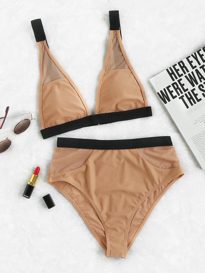 Shein Contrast Binding Mesh Insert High Rise Bikini Set