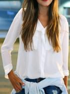 Shein White V Neck Long Sleeve Pockets Loose Blouse