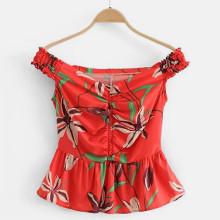 Shein Leaf Print Bardot Ruffle Hem Top