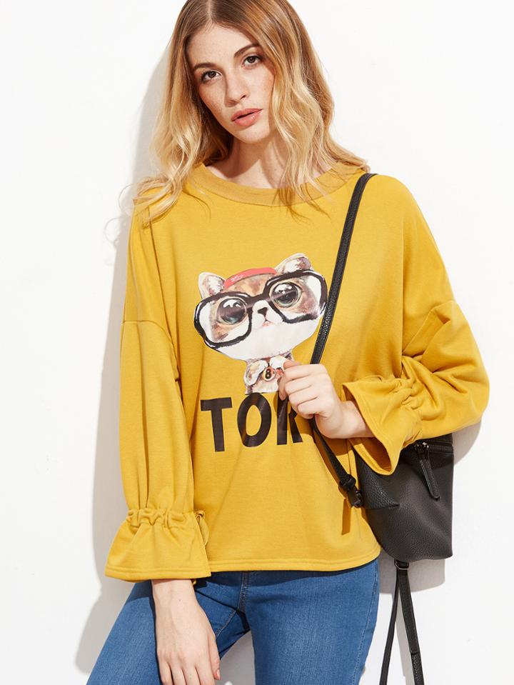 Shein Mustard Cat Print Drop Shoulder Ruffle Cuff Sweatshirt