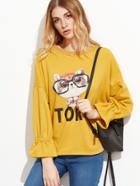 Shein Mustard Cat Print Drop Shoulder Ruffle Cuff Sweatshirt
