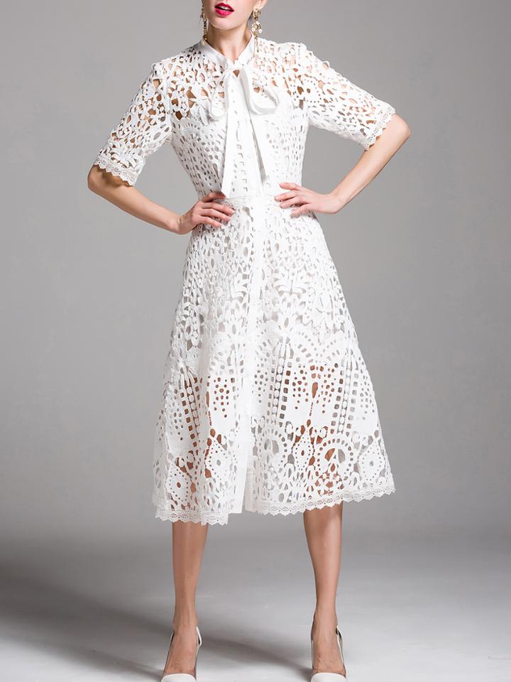 Shein Tie Neck Crochet Hollow Out Dress