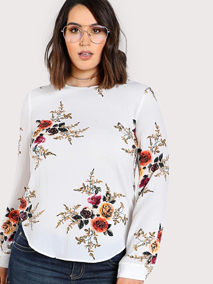 Shein Flower Print Curved Hem Tunic Top