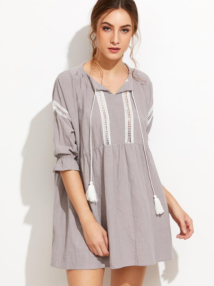 Shein Contrast Crochet Insert Tie Neck Fringe Shift Dress