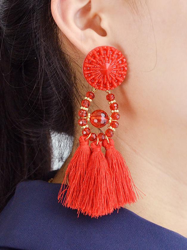 Shein Red Beads Long Tassel Party Dangle Earrings