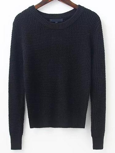 Shein Black Waffle Knit Ribbed Trim Sweater