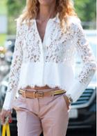 Rosewe Turndown Collar White Lace Crop Blouse