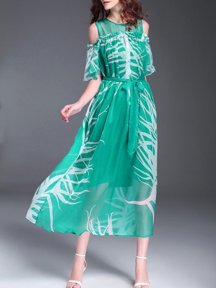 Shein Open Shoulder Tie-waist Print Dress
