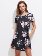 Shein Random Flower Print Curved Hem Tee Dress