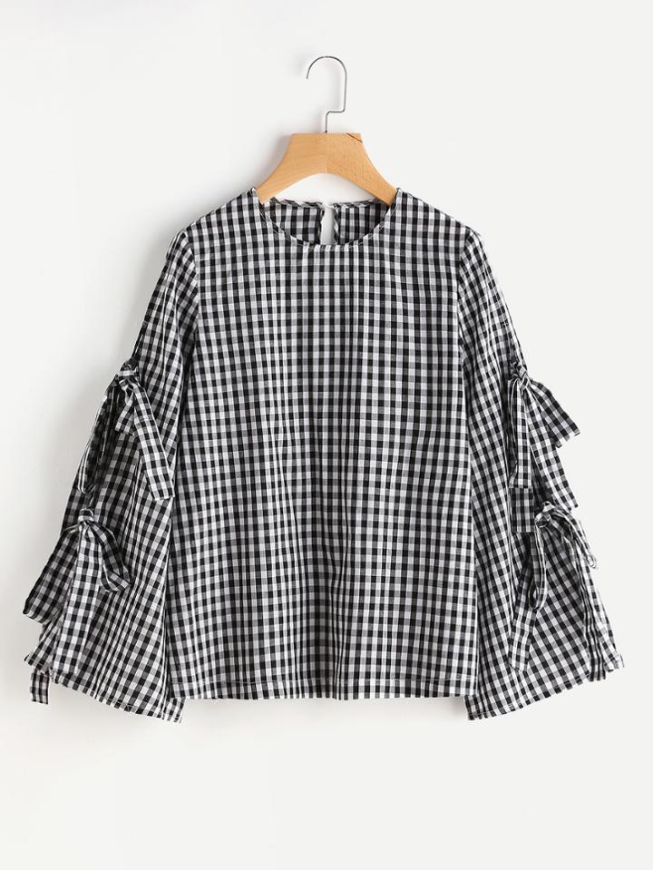Shein Split Bow Tie Trumpet Sleeve Keyhole Back Gingham Blouse