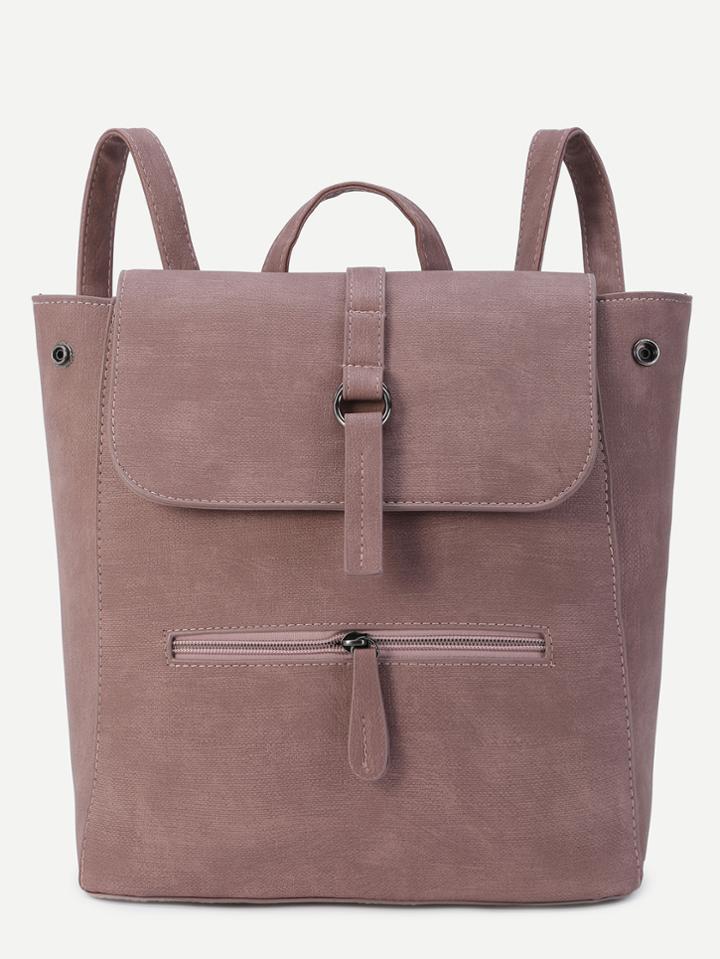 Shein Khaki Faux Leather Front Zipper Flap Backpack
