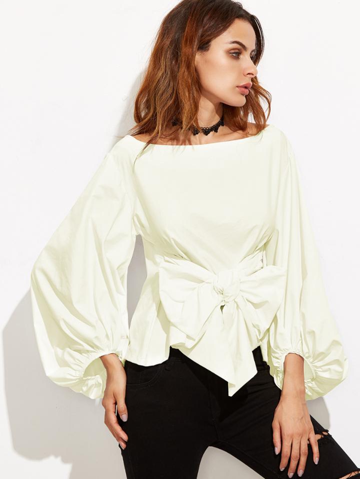 Shein Ivory Boat Neck Lantern Sleeve Bowknot Blouse