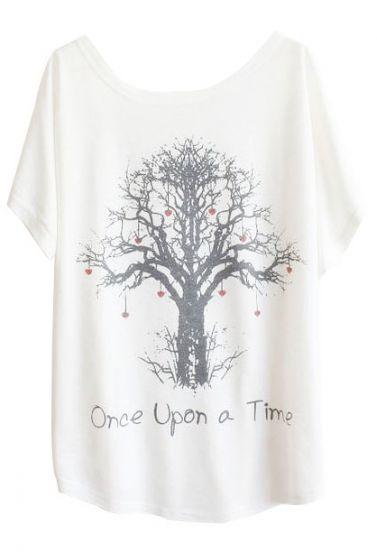 Shein White Batwing Short Sleeve Wishing Tree Print T-shirt