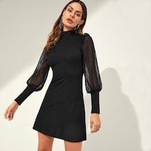 Shein Mesh Sleeve Mock-neck Ribbed Knit Dress
