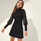 Shein Mesh Sleeve Mock-neck Ribbed Knit Dress