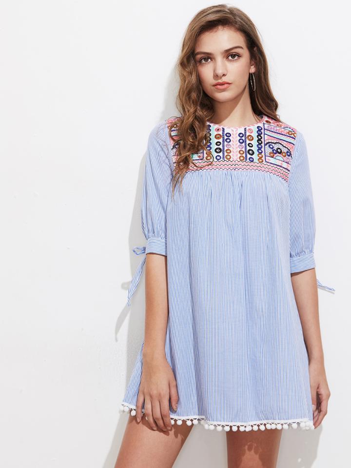 Shein Embroidered Yoke Tie Sleeve Pom Pom Trim Dress