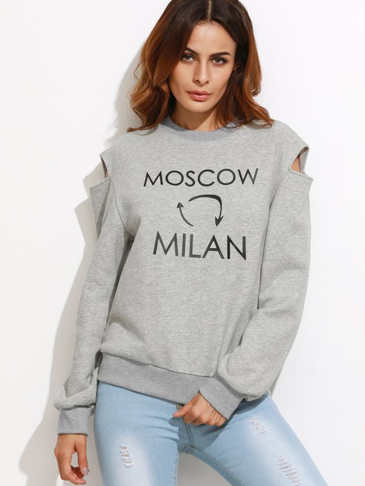 Shein Heather Grey Letter Print Cutout Shoulder Sweatshirt