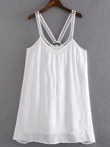 Shein White Spaghetti Strap Embroidery Dress