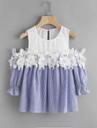 Shein Contrast Eyelet Embroidered Yoke Lace Applique Striped Top