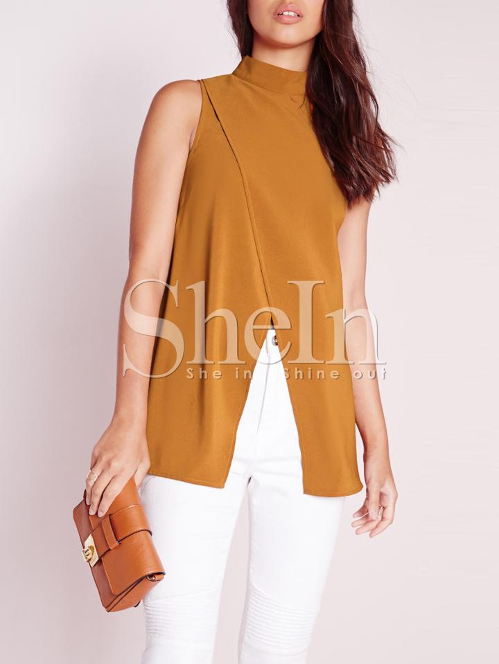 Shein Camel Mock Neck Zipper Back Cross Split Blouse