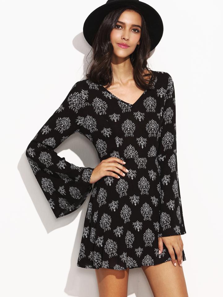Shein Black Tribal Print V Neck Bell Sleeve Dress