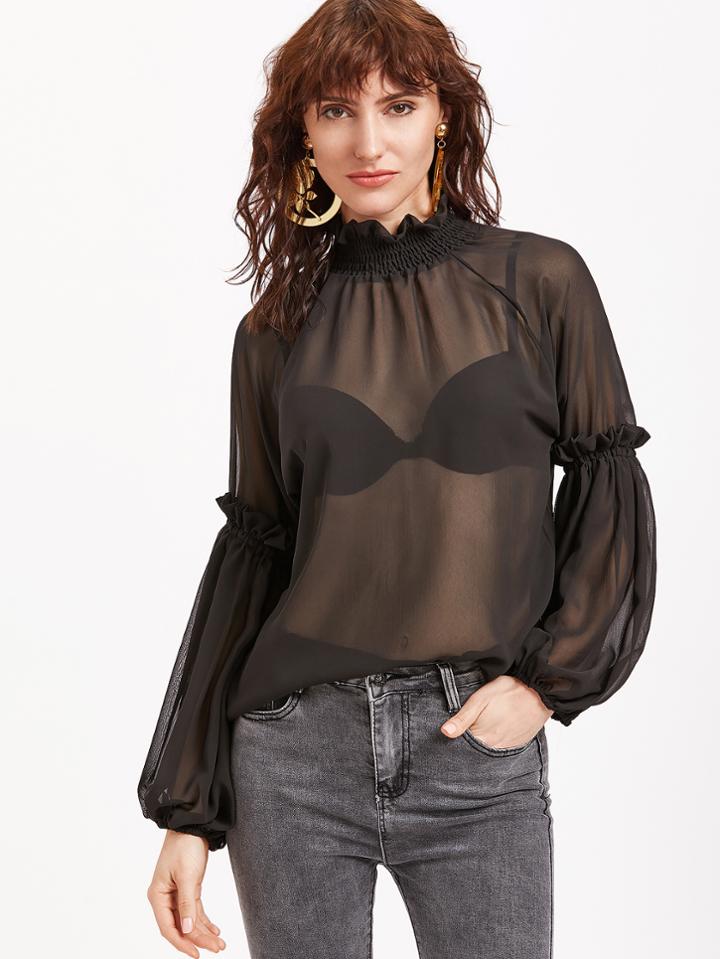 Shein Black Ruffle Collar Lantern Sleeve Sheer Mesh Blouse