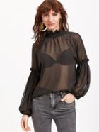Shein Black Ruffle Collar Lantern Sleeve Sheer Mesh Blouse