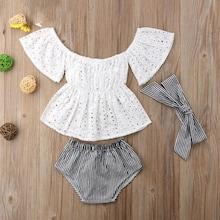 Shein Toddler Girls Eyelet Embroidered Blouse And Striped Shorts Set With Headband