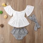 Shein Toddler Girls Eyelet Embroidered Blouse And Striped Shorts Set With Headband
