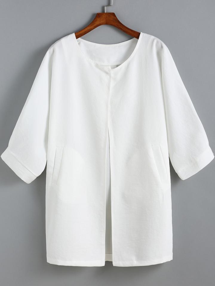 Shein White Round Neck Pockets Loose Coat