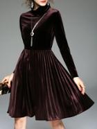 Shein Brown Collar Pleated Velvet Dress