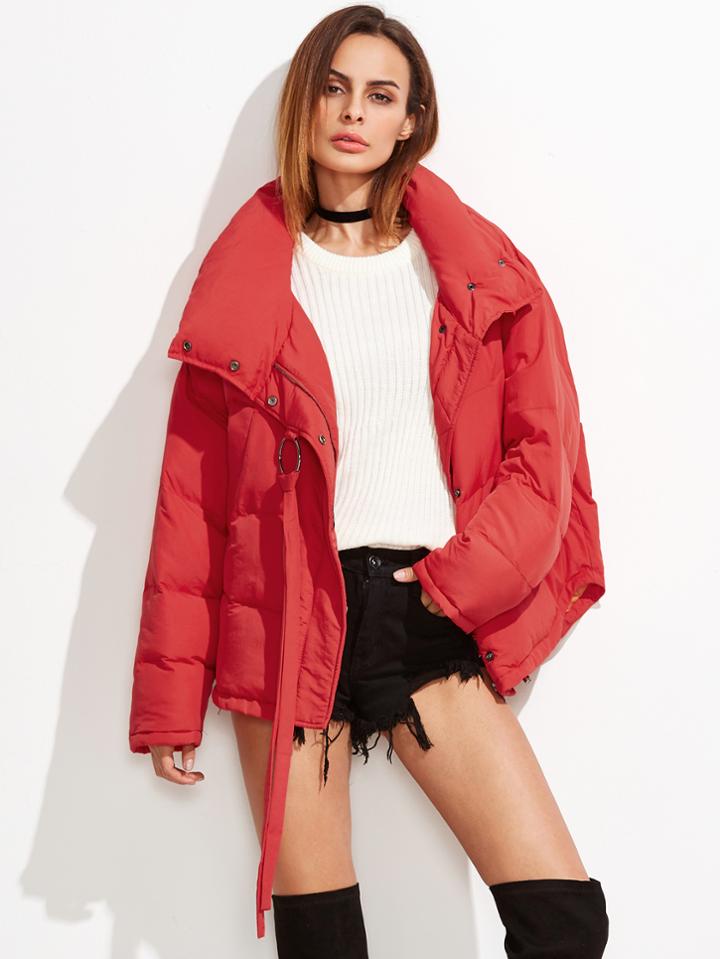 Shein Red Drop Shoulder Ribbon Detail Curved Hem Padded Coat