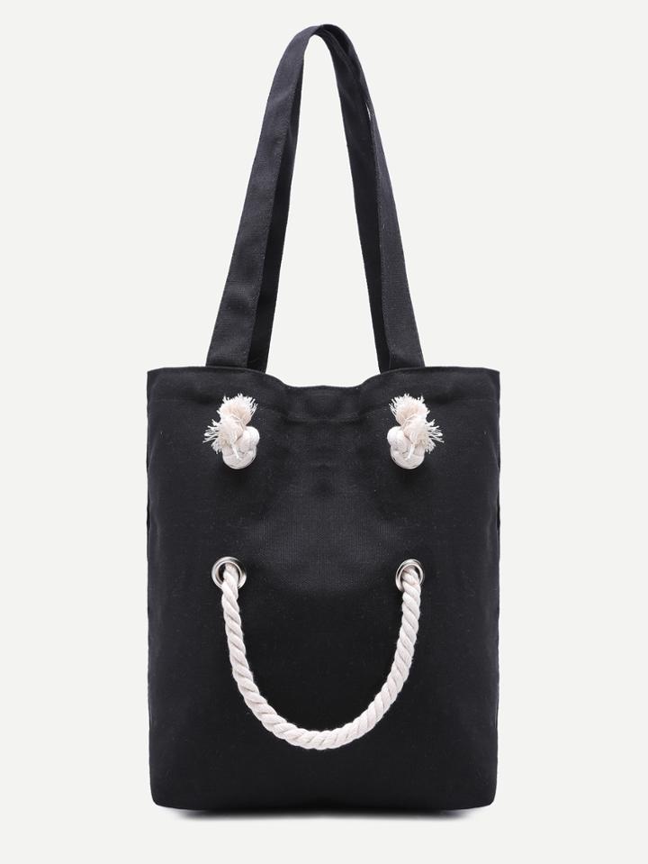 Shein Smiling Face Black Canvas One Shoulder Shopping Bag