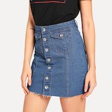 Shein Button Up Front Raw Hem Denim Skirt