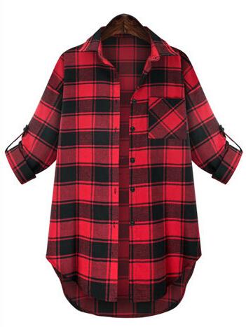 Shein Red Black Lapel Plaid Pocket Plus Blouse