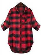 Shein Red Black Lapel Plaid Pocket Plus Blouse