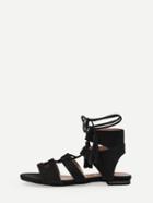 Shein Black Faux Suede Caged Lace-up Flat Sandals