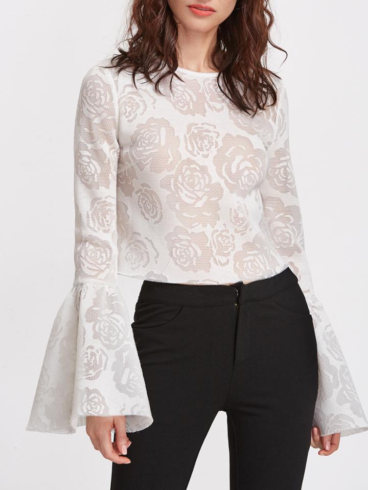 Shein Bell Sleeve Rose Pattern Mesh Top