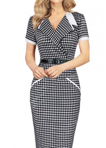 Rosewe Turndown Collar Plaid Print Sheath Dress