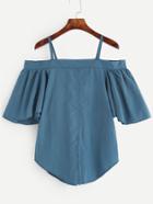 Shein Blue Cold Shoulder Ruffle Sleeve Blouse