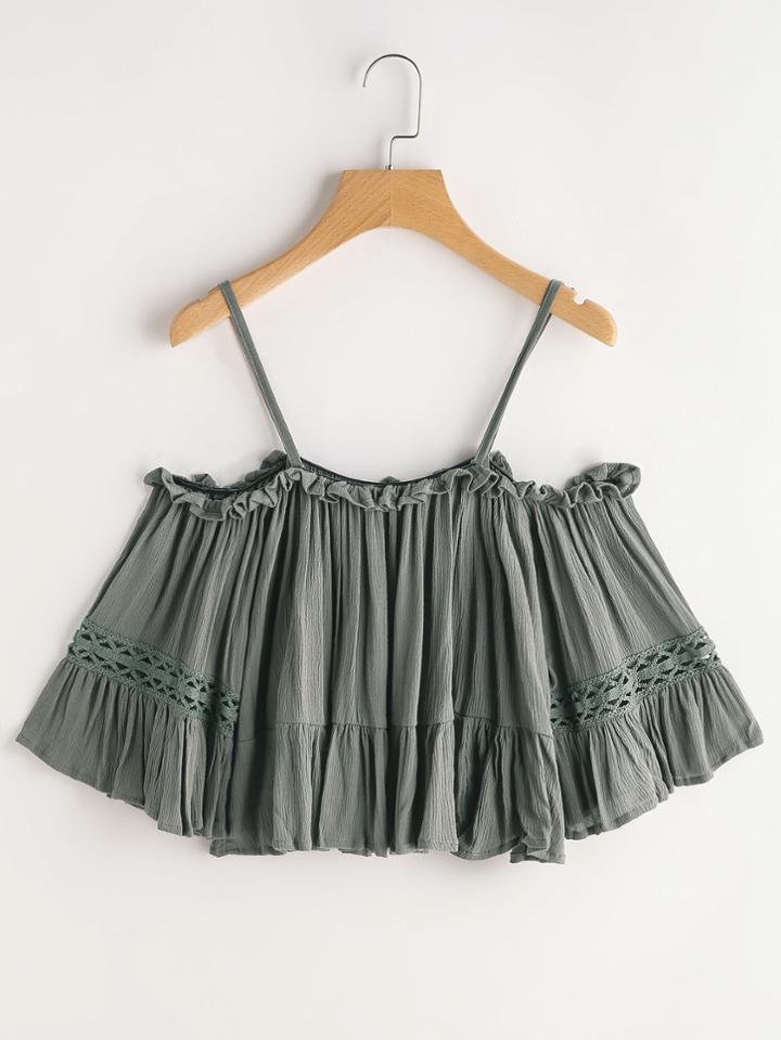 Shein Crochet Insert Cold Shoulder Frill Trim Top