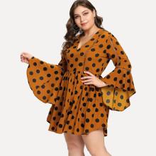 Shein Plus Eyelet Cut Out Flounce Sleeve Polka Dot Dress