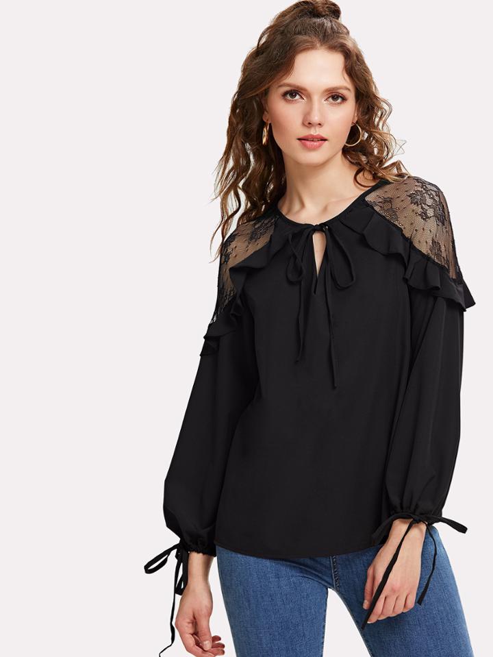 Shein Lace Panel Ruffle Blouse