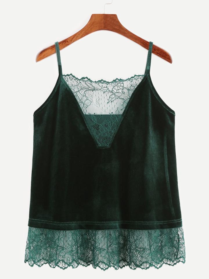 Shein Dark Green Lace Trim Velvet Cami Top