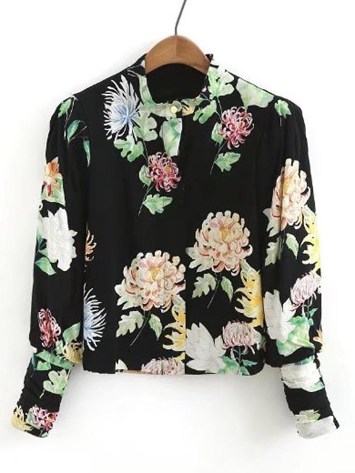 Shein Band Collar Gigot Sleeve Floral Blouse