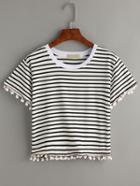 Shein Black And White Striped Contrast Trim Pom Pom T-shirt