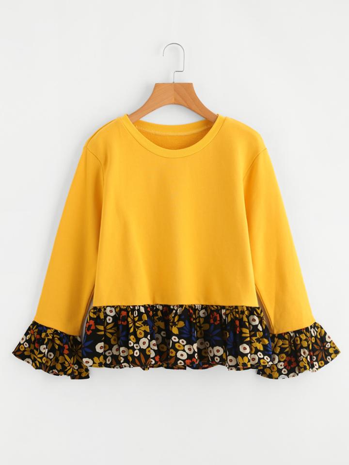 Shein Contrast Floral Print Frill Hem Sweatshirt