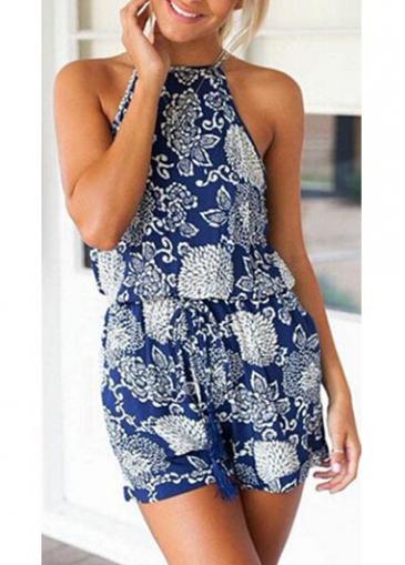 Rosewe Open Back Exotic Print Halter Belted Romper