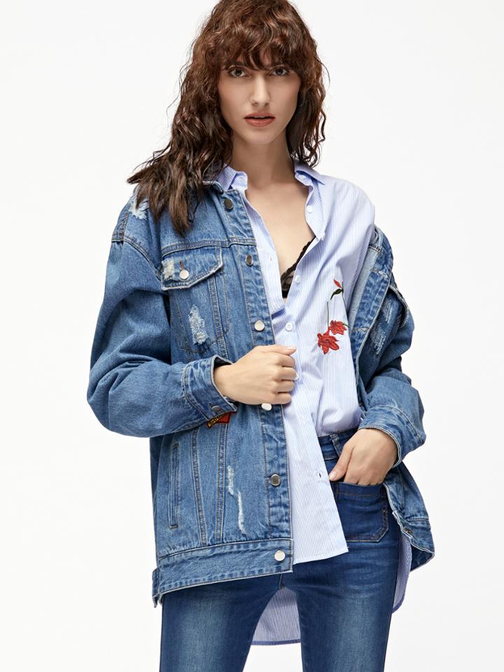 Shein Blue Distressed Boyfriend Denim Jacket With Patch Detail
